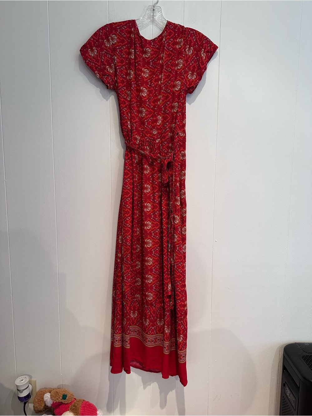 Temofon Red Floral Wrap Midi Dress XS Boho Short Sleeve Tie Waist EUC - Picture 5 of 9